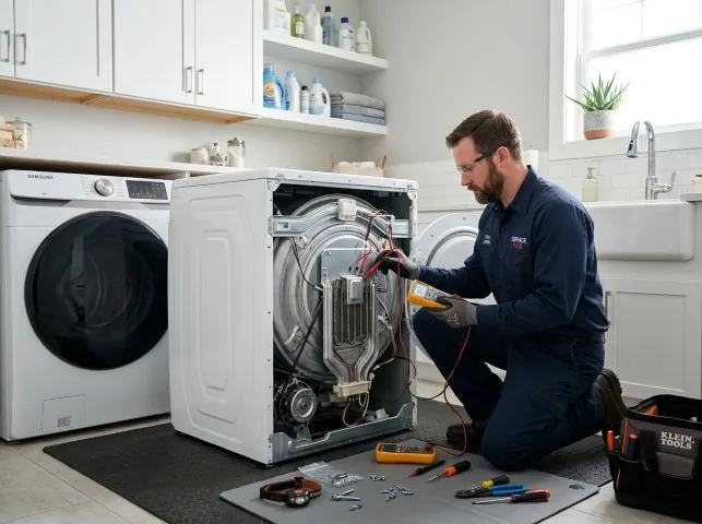 Appliance Repair Hero technician checking a dryer heating element with the rear panel off in Armada, MI