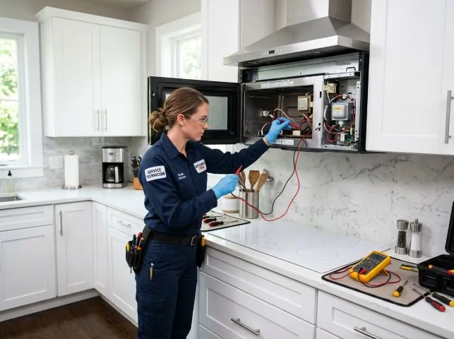 Appliance Repair Hero technician testing an over-the-range microwave in a Armada, MI kitchen