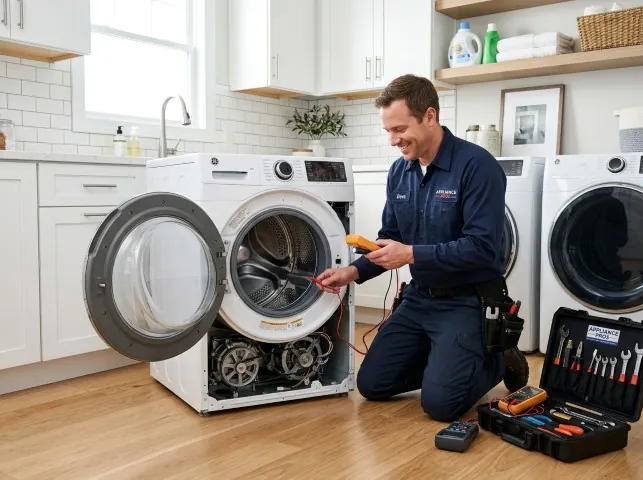 Appliance Repair Hero technician testing a front-load washer with a multimeter on a Armada, MI service call